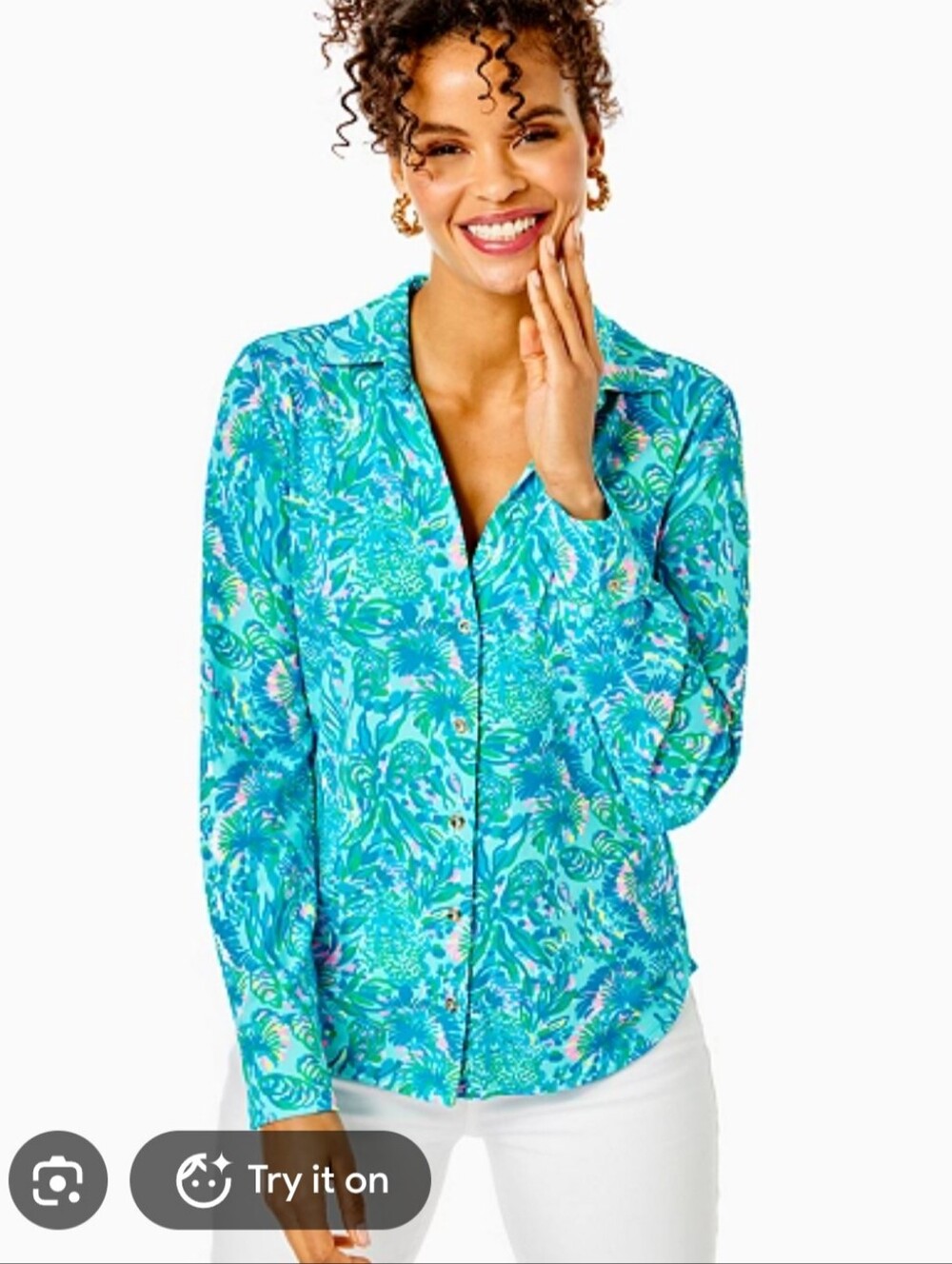 NWT Lilly Pulitzer Marlena Button Down Blouse Surf Blue Women’s Coral size L